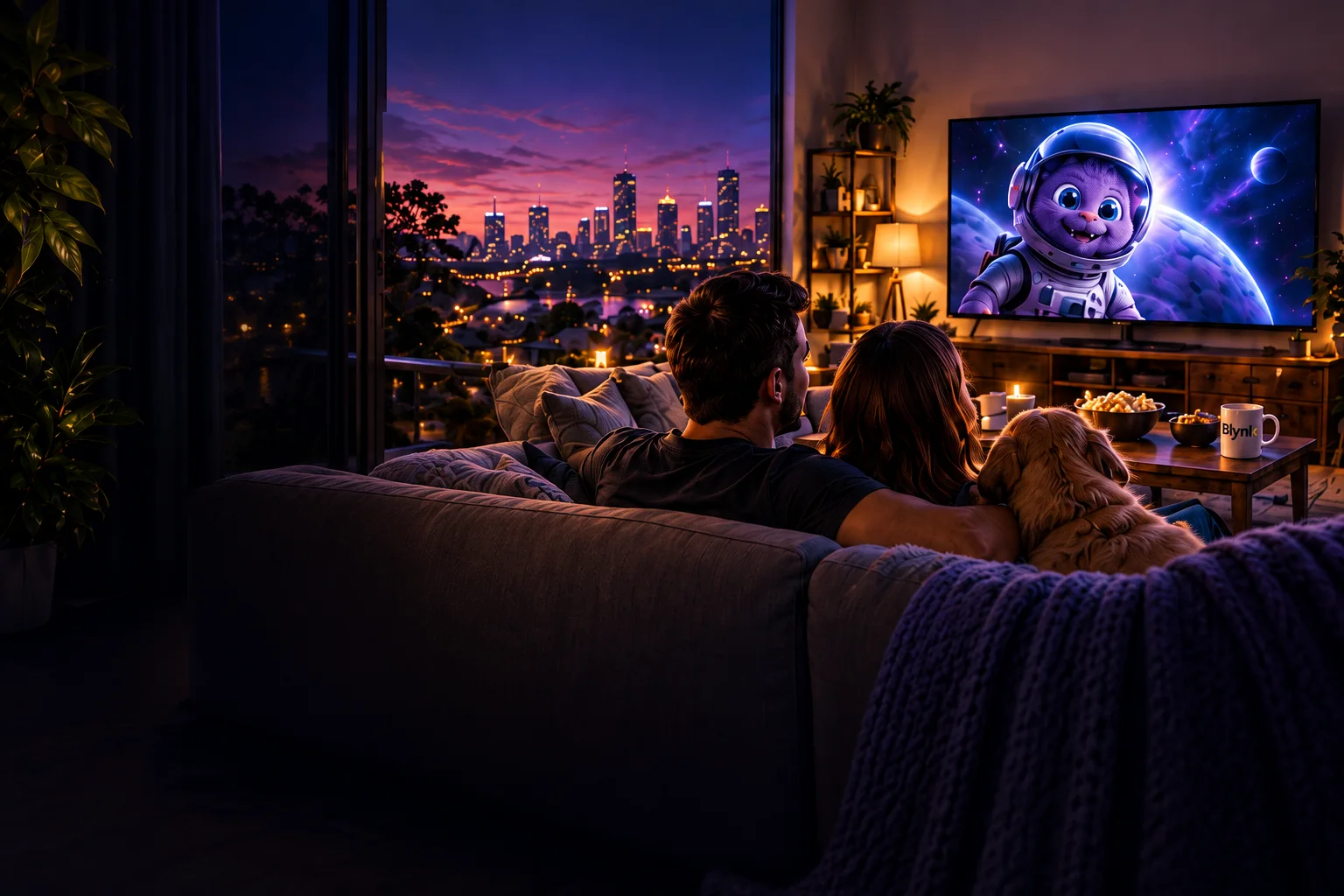 A cosy evening at home, with a couple and their dog watching Blynk’s astronaut mascot on TV